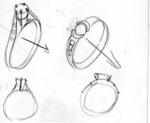 Dessin création de bague en or jaune recyclé